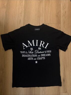AMIRI Black T-Shirt with White Arched Logo and Text Print